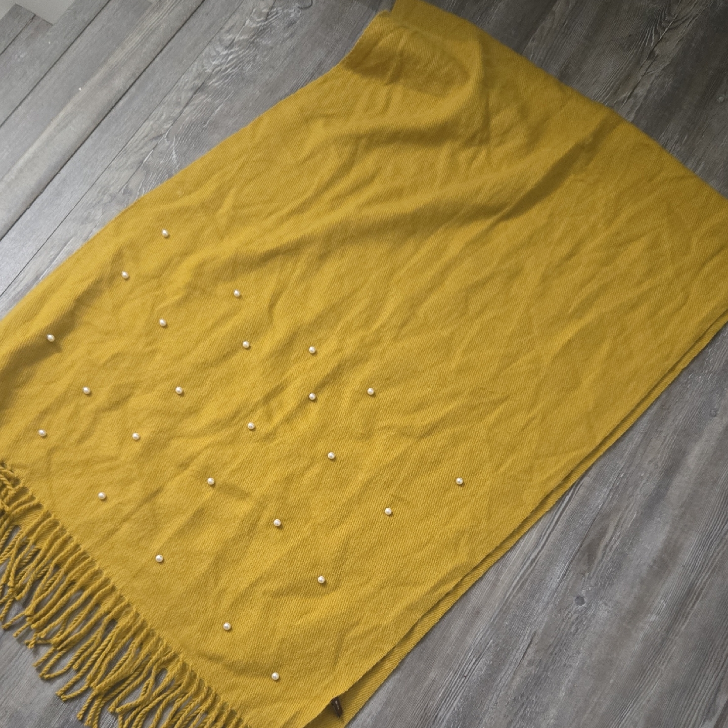 Mustard Yellow Fringed Scarf With Pearl Accents 100Silk